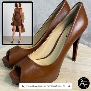 Guess Patches3 Brown Leather Peep Toe Platform Pumps Stiletto Heels Womens 8.5M